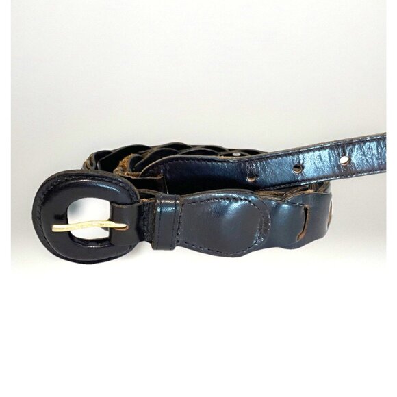 Vintage 80s RITZ Loop Link Belt Women's Medium Dark Brown Leather Covered Buckle - Picture 1 of 11